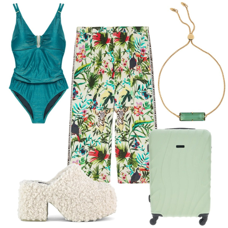 Outfit donna - Total look #2221278. Stile Trendy per Mare. Abbinamento con braccialetti, costumi interi, sabot, pantaloni, valigie.