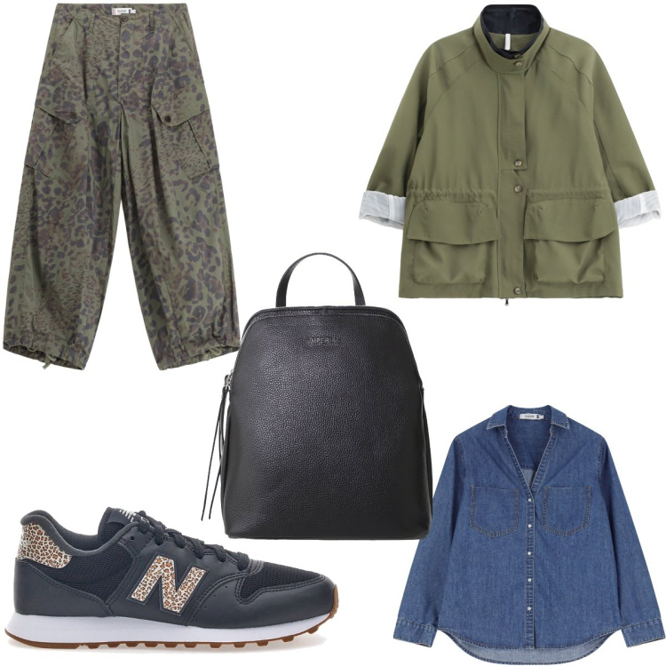 Outfit donna - Un giorno in montagna. Stile Sporty chic per Tutti i giorni. Abbinamento con pantaloni cargo, camicie, parka, zaini, sneakers.