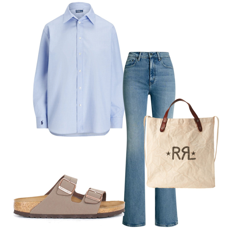 Outfit donna - Sporty chic. Stile Sporty chic per Tutti i giorni. Abbinamento con camicie, jeans bootcut, borse tote, ciabatte.