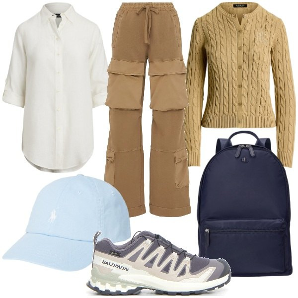 Outfit donna - In montagna in vacanza. Stile Sporty chic per Tutti i giorni. Abbinamento con cappelli, zaini, cardigans, camicie, pantaloni cargo, scarpe stringate.