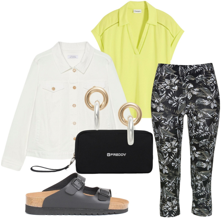 Outfit donna - Eleganza minimal. Stile Minimal per Tutti i giorni. Abbinamento con polo, leggings, valigie, orecchini, blazer, ciabatte.