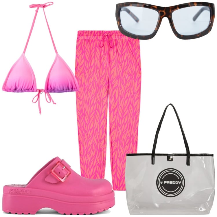Outfit donna - Total look #2221294. Stile Trendy per Mare. Abbinamento con bikini, occhiali da sole, shopping bag, sandali, pantaloni.