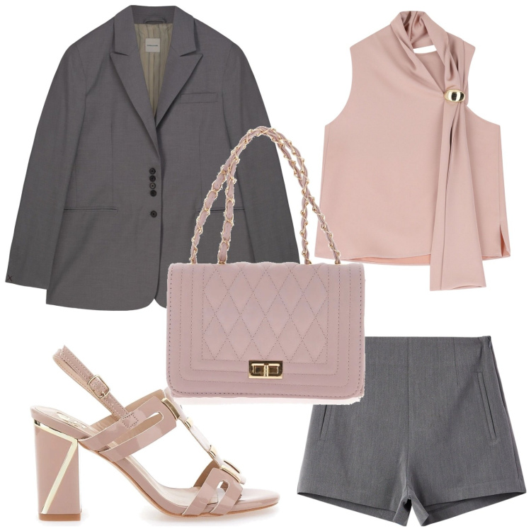 Outfit donna - Giacca e shorts. Stile Casual per Tutti i giorni. Abbinamento con shorts, top, borse a tracolla, sandali col tacco, blazer.