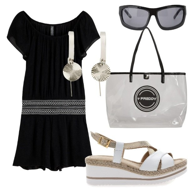 Outfit donna - Di sera ad Agosto. Stile Casual per Tutti i giorni. Abbinamento con tute, orecchini, occhiali da sole, shopping bag, sandali in pelle.