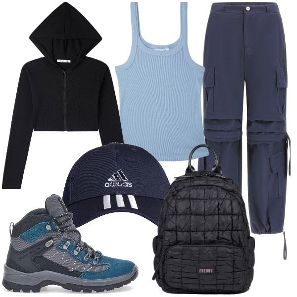 Outfit donna - In vacanza in montagna. Stile Sporty chic per Tutti i giorni. Abbinamento con cardigans, canottiere, pantaloni cargo, zaini, stivaletti, cappelli.