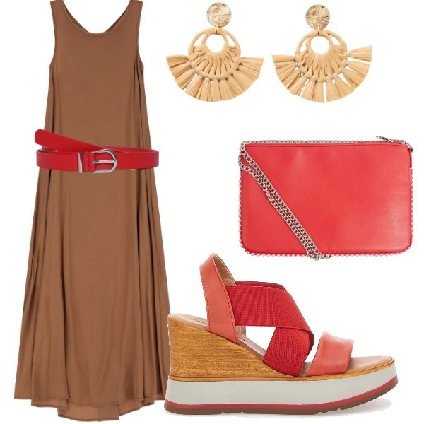 Outfit donna - Di sera ad Agosto. Stile Casual chic per Serata fuori. Abbinamento con orecchini, borse a tracolla, cinture, vestiti lunghi, sandali.