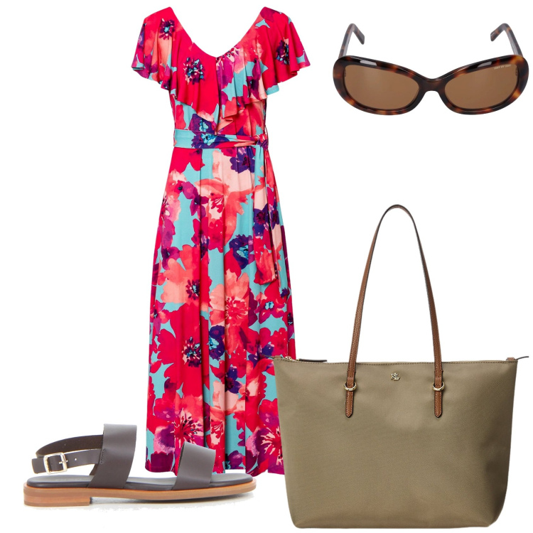 Outfit donna - Lungo fiorato. Stile Romantica per Tutti i giorni. Abbinamento con vestiti lunghi, borse tote, occhiali da sole, sandali.