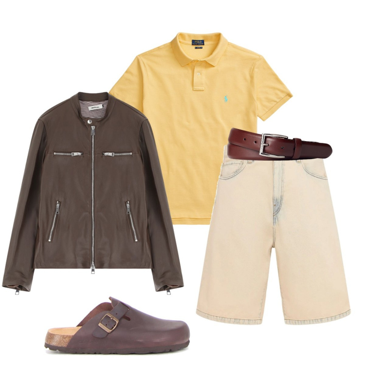 Outfit uomo - Disinvolto per la serata. Stile Trendy per Serata speciale. Abbinamento con giacche, cinture, polo, sandali, shorts.