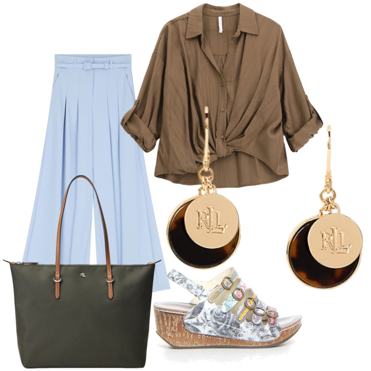 Outfit donna - Sandali vezzosi in ufficio. Stile Urban per Ufficio. Abbinamento con pantaloni, camicie, borse tote, orecchini, sandali col tacco.