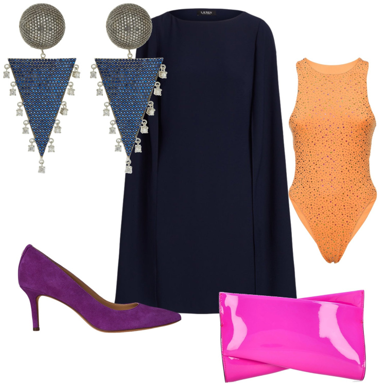 Outfit donna - Abito serioso, accessori coloratissimi. Stile Trendy per Serata fuori. Abbinamento con décolleté, vestiti, pochette, orecchini, body.