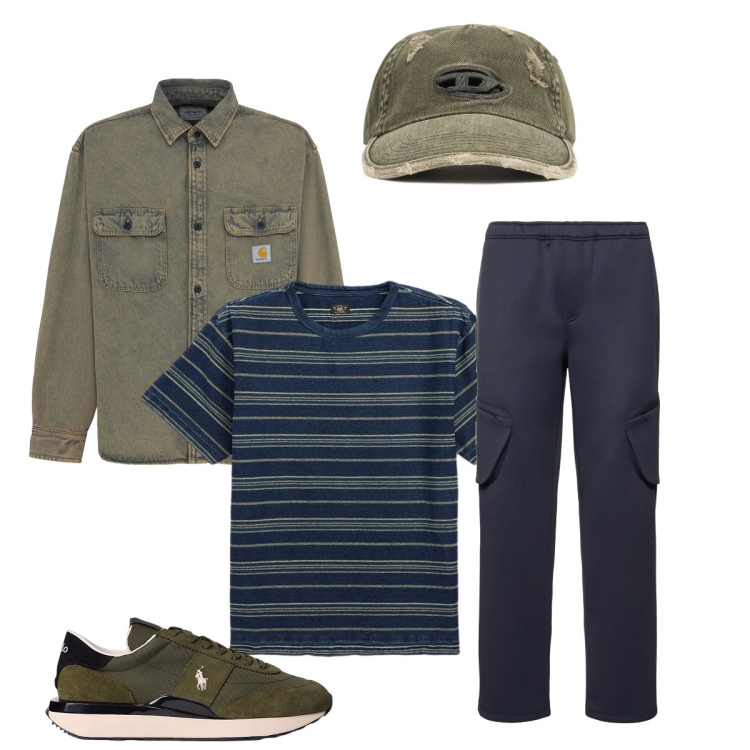 Outfit uomo - In montagna. Stile Casual per Tutti i giorni. Abbinamento con sneakers, t-shirt, pantaloni cargo, cappelli, cappotti.