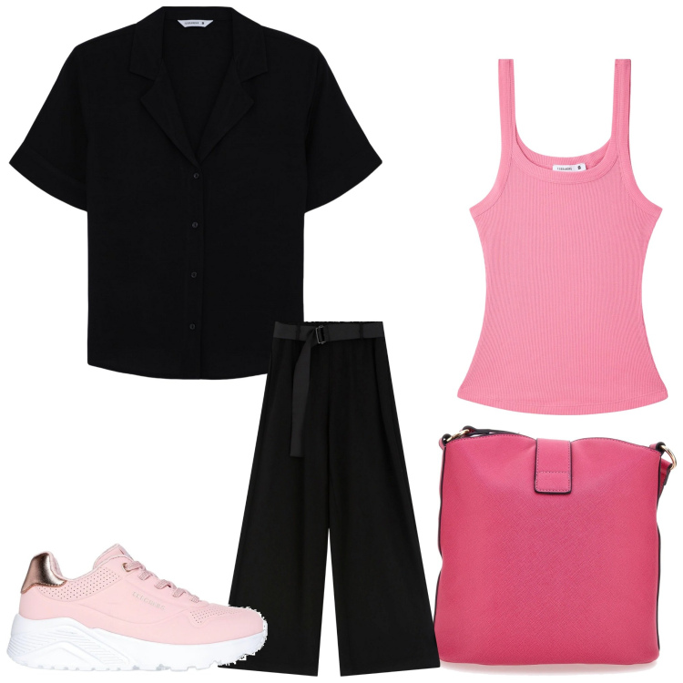 Outfit donna - Attiva. Stile Sporty chic per Tutti i giorni. Abbinamento con camicie a manica corta, canottiere, pantaloni, sneakers, borse a spalla.
