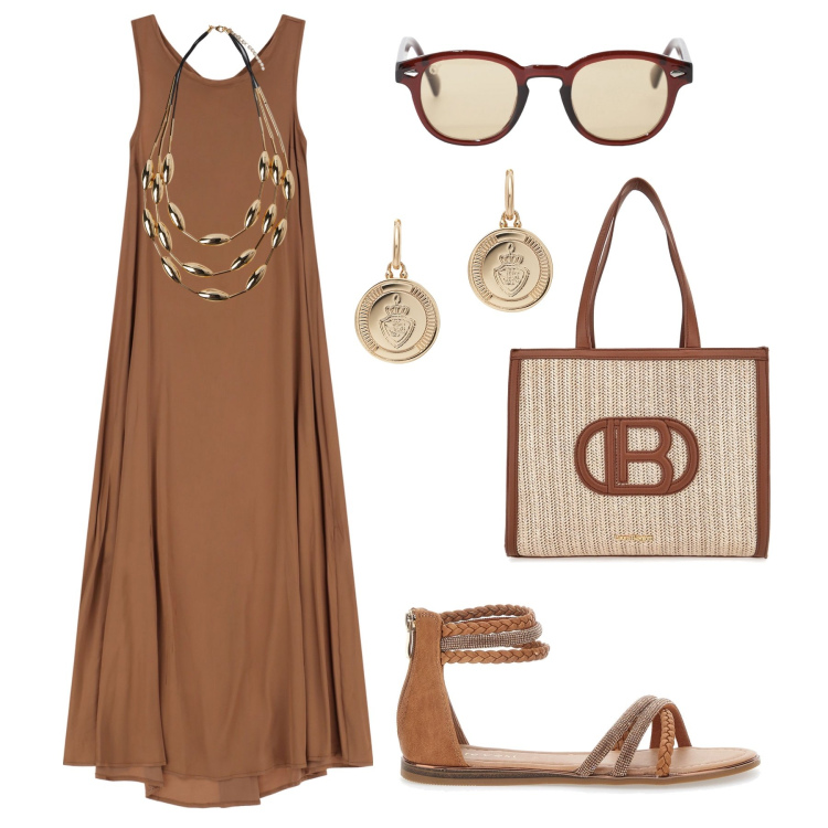 Outfit donna - L’abito da mattina a sera. Stile Trendy per Tutti i giorni. Abbinamento con vestiti lunghi, occhiali da sole, orecchini, borse a spalla, collane, sandali.