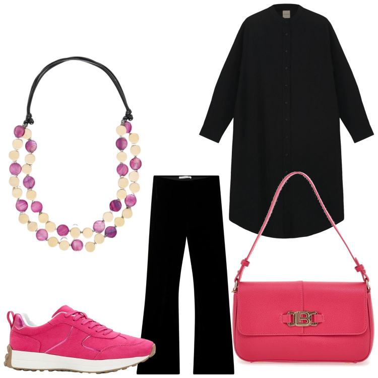 Outfit donna - Dinamica. Stile Sporty chic per Tutti i giorni. Abbinamento con sneakers, leggings, borse a spalla, vestiti chemisier, collane.