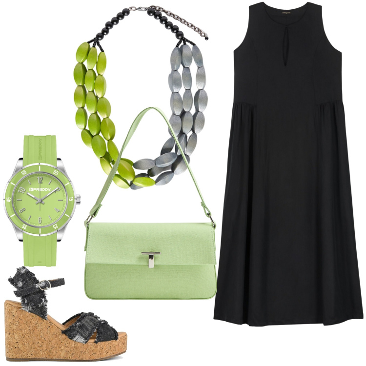 Outfit donna - Abbinamenti. Stile Chic per Serata fuori. Abbinamento con borse a spalla, orologi, vestiti lunghi, collane, zeppe.