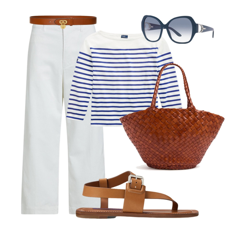 Outfit donna - Stile marine. Stile Urban per Tutti i giorni. Abbinamento con cinture, pantaloni, occhiali da sole, t-shirt, sandali in pelle, shopping bag.