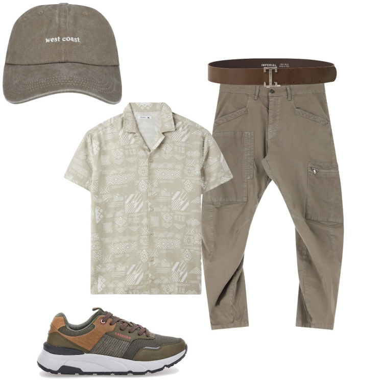 Outfit uomo - Casual. Stile Casual per Tutti i giorni. Abbinamento con cappelli, camicie a manica corta, cinture, pantaloni cargo, sneakers.