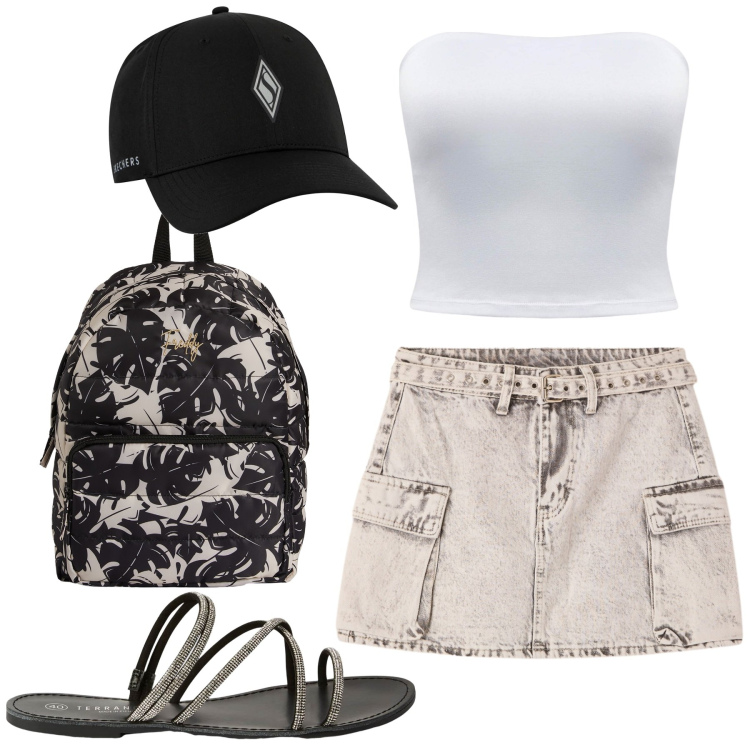 Outfit donna - Estate con la mini. Stile Basic per Tutti i giorni. Abbinamento con minigonne, top, sandali, zaini, cappelli con visiera.