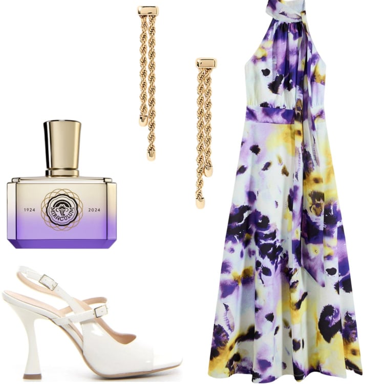 Outfit donna - Incantevole. Stile Glamour per Cerimonia. Abbinamento con vestiti lunghi, profumi, orecchini, sandali col tacco.