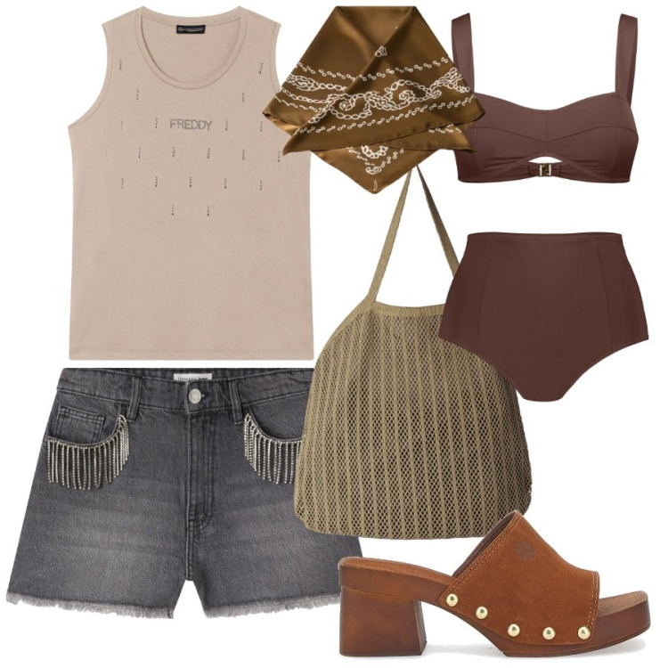 Outfit donna - Boho con le frange. Stile Boho per Mare. Abbinamento con shorts, borse tote, canottiere, bikini, zoccoli, foulard.
