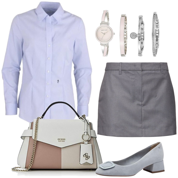 Outfit femme - Loélie. Style Bon Ton pour Bureau. Assortir avec chemisiers, montres, chaussures à talon, sacs en bandoulière, minijupes.