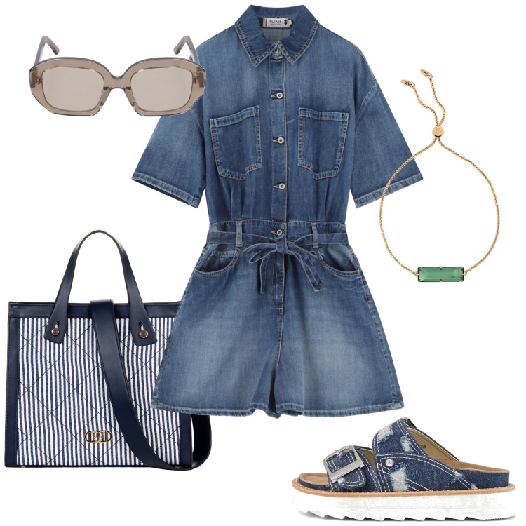 Outfit donna - Total look #2221360. Stile Minimal per Tutti i giorni. Abbinamento con shopping bag, tuta corta, braccialetti, sandali, occhiali da sole.