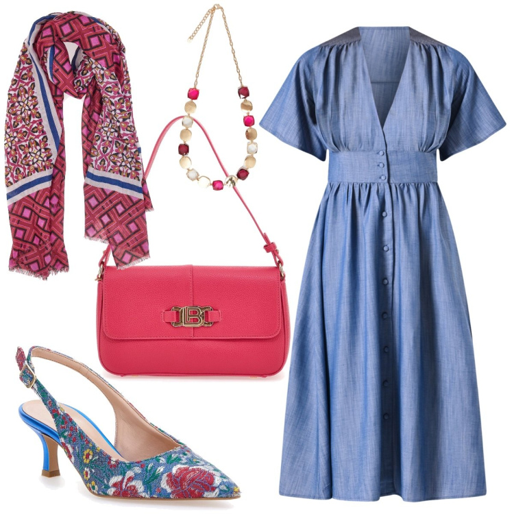 Outfit donna - Sera d’estate. Stile Bon Ton per Serata fuori. Abbinamento con vestiti chemisier, décolleté, borse a spalla, foulard, collane.