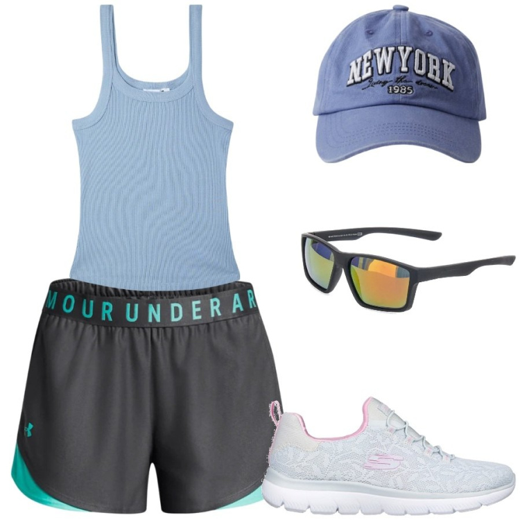 Outfit donna - Camminata in riva al mare. Stile Sporty chic per Sport. Abbinamento con cappelli, canottiere, shorts, sneakers, occhiali da sole.