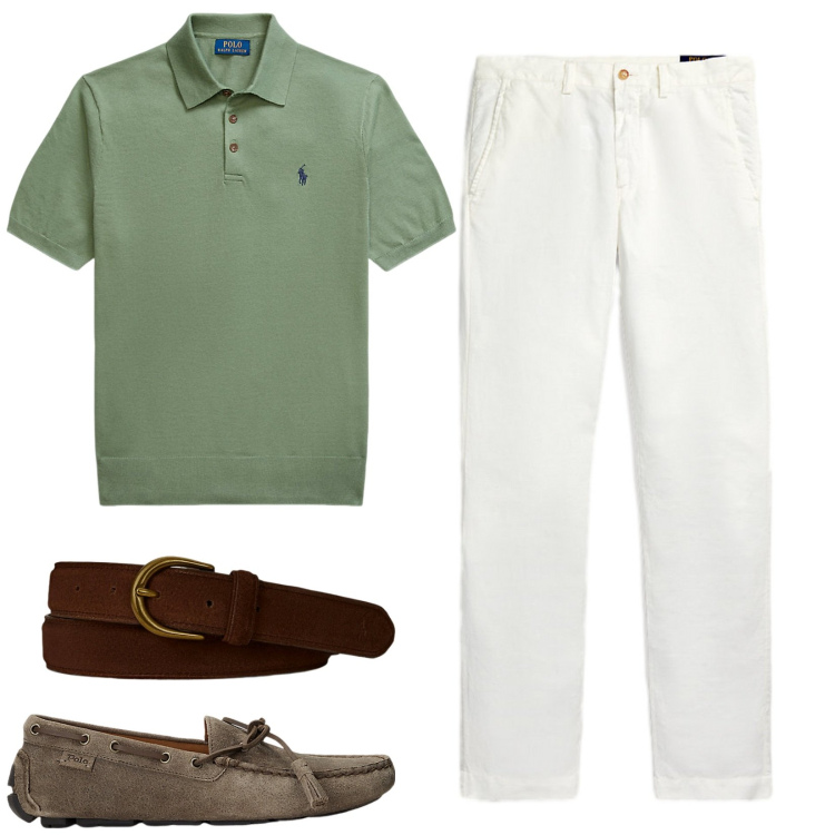 Outfit uomo - Polo in maglia leggera. Stile Casual per Serata speciale. Abbinamento con scarpe stringate, pantaloni, maglieria, cinture.