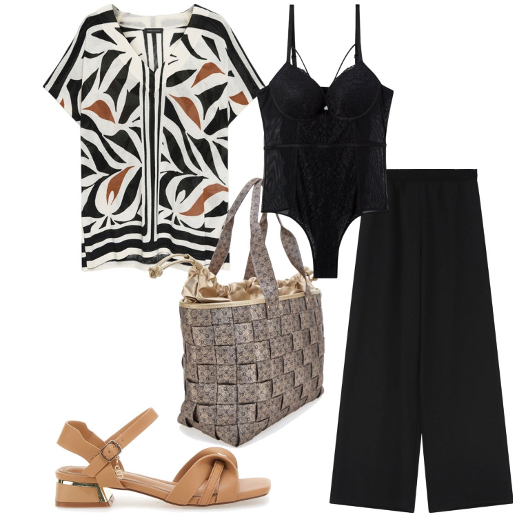 Outfit donna - Total look #2221364. Stile Casual per Tutti i giorni. Abbinamento con body, pantaloni a palazzo, bluse, sandali col tacco, borse a spalla.
