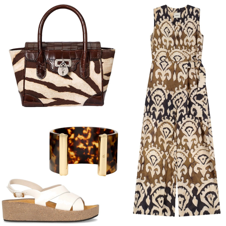 Outfit donna - Sandali estivi. Stile Casual chic per Ufficio. Abbinamento con tute, borse a mano, braccialetti, sandali.