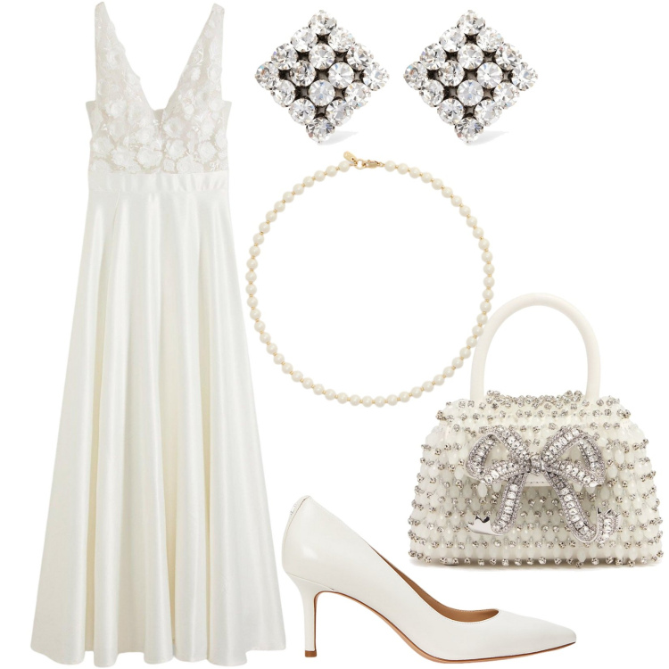 Outfit donna - L\'abito da sposa. Stile Chic per Cerimonia. Abbinamento con vestiti, décolleté, collane, orecchini, borse a mano.