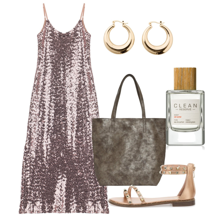 Outfit donna - Scintillante ad agosto. Stile Glamour per Serata fuori. Abbinamento con orecchini, profumi, borse tote, vestiti, sandali.