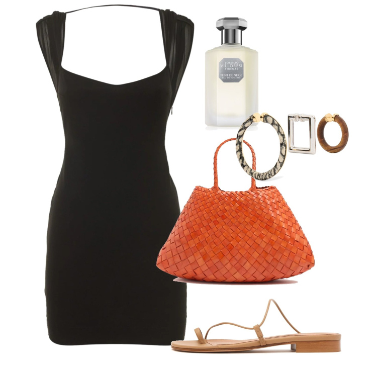 Outfit donna - Agosto sera. Stile Chic per Serata fuori. Abbinamento con profumi, vestiti, borse a spalla, orecchini, sandali in pelle.