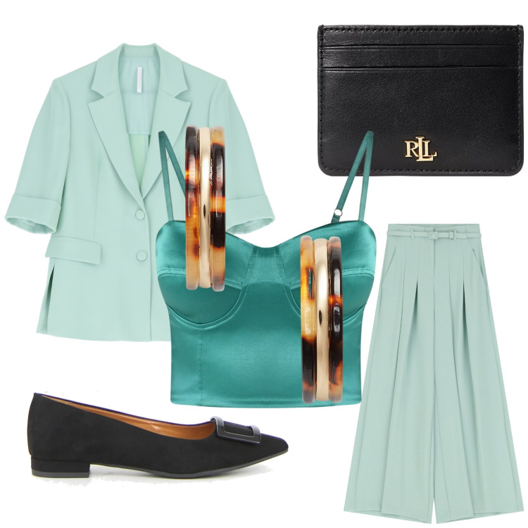 Outfit donna - Abbinamento verde Latte menta. Stile Chic per Serata fuori. Abbinamento con canottiere, pantaloni, blazer, orecchini, portafogli, ballerine.