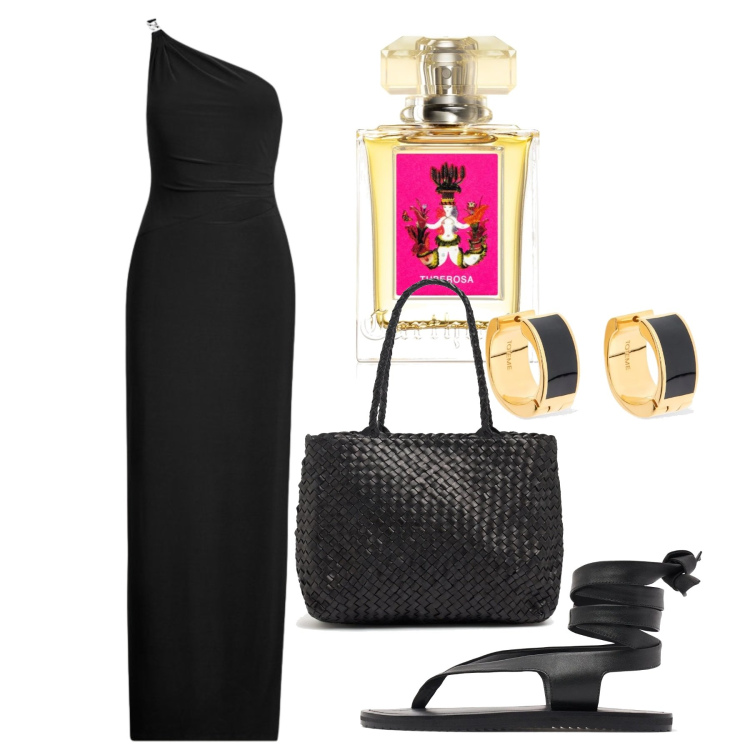 Outfit donna - Iconica. Stile Chic per Serata fuori. Abbinamento con profumi, vestiti asimmetrici, orecchini, sandali in pelle, shopping bag.