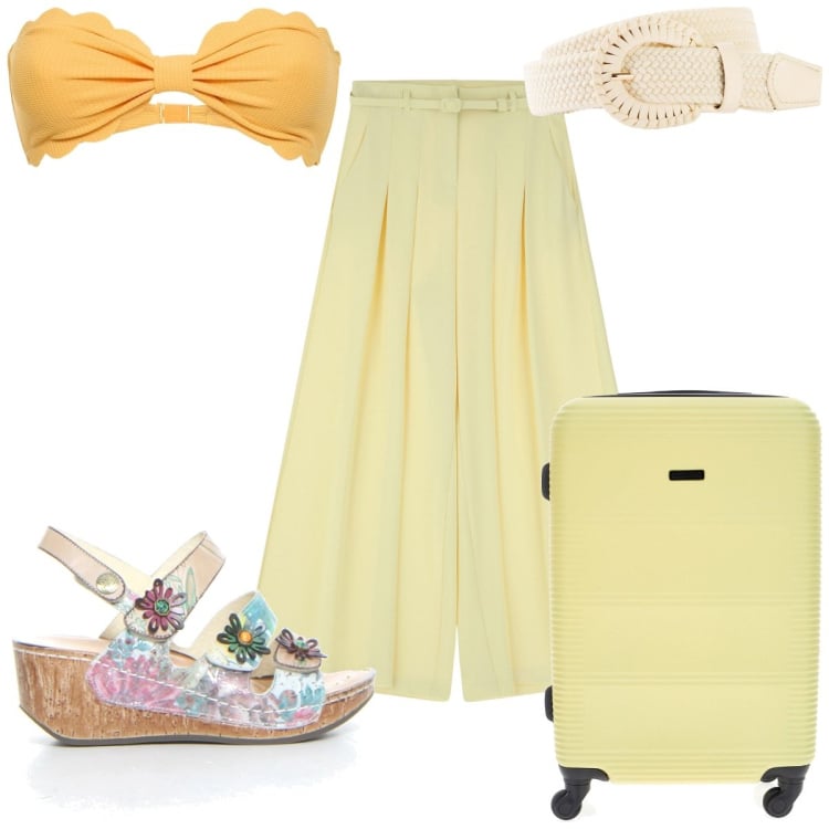 Outfit donna - Total look #2221380. Stile Trendy per Mare. Abbinamento con cinture, pantaloni, sandali, bikini, valigie.