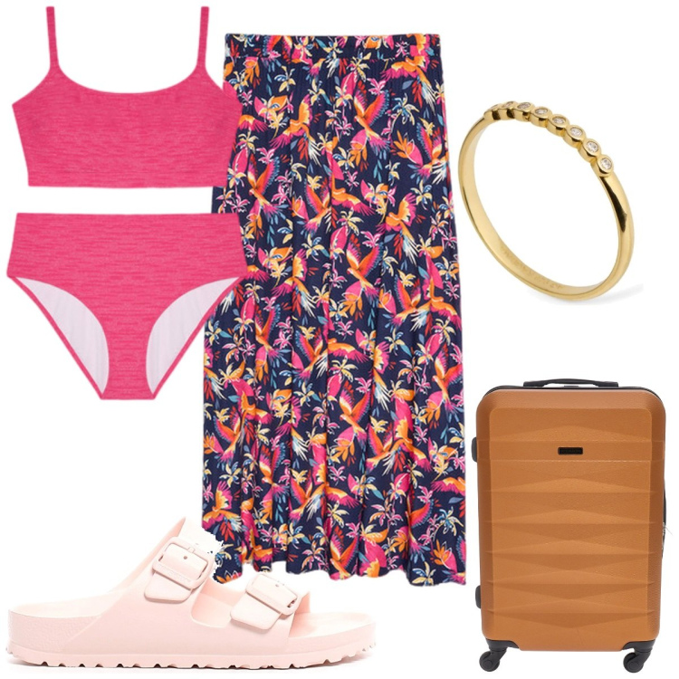 Outfit donna - Total look #2221384. Stile Trendy per Mare. Abbinamento con ciabatte, valigie, gonne lunghe, bikini, anelli.