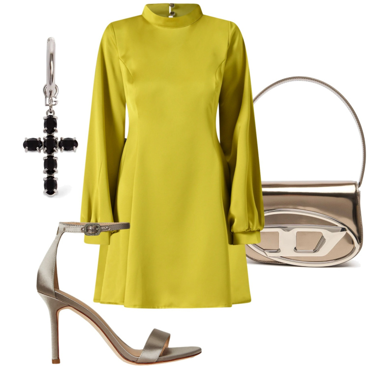 Outfit donna - Total look #2221385. Stile Chic per Serata fuori. Abbinamento con vestiti corti, sandali col tacco, orecchini, borse a spalla.