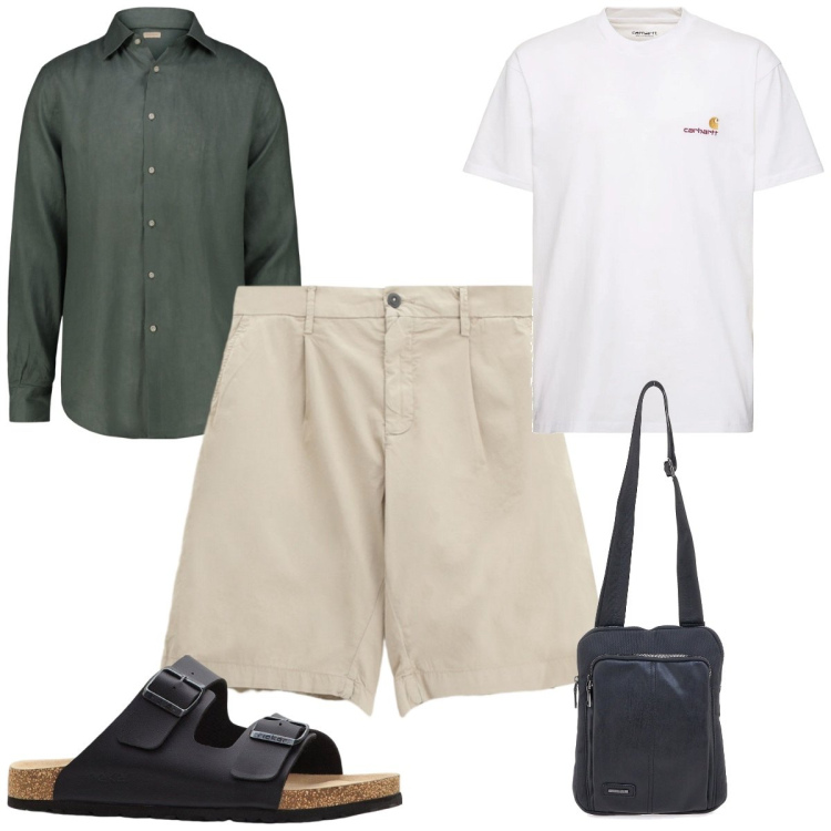 Outfit uomo - Camicia in lino ad agosto. Stile Trendy per Tutti i giorni. Abbinamento con sandali, bermuda, portafogli, t-shirt, camicie.