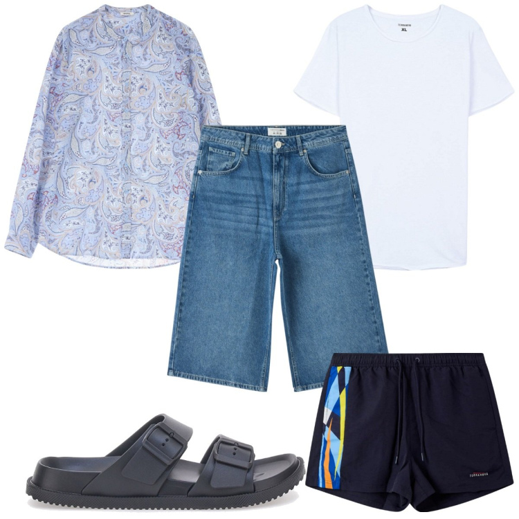 Outfit uomo - Camicia in lino è casual. Stile Trendy per Mare. Abbinamento con pantaloni corti, t-shirt, costumi, camicie, sandali.