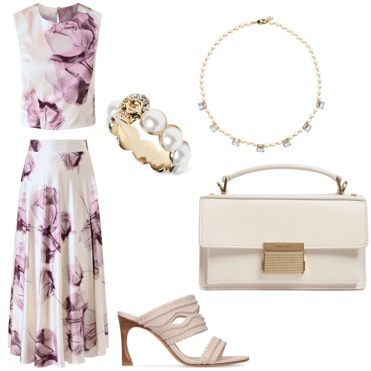 Outfit donna - Eleganza discreta. Stile Chic per Serata fuori. Abbinamento con top, gonne lunghe, collane, pantofole, borse a mano, anelli.