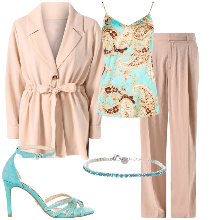 Outfit donna - Cerimonia. Stile Chic per Cerimonia. Abbinamento con top, sandali col tacco, blazer, pantaloni a palazzo, braccialetti.