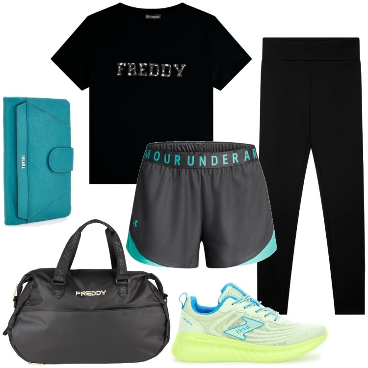 Outfit donna - Pomeriggio in palestra. Stile Sporty chic per Sport. Abbinamento con leggings, t-shirt, borse sportive, sneakers, shorts, portafogli.