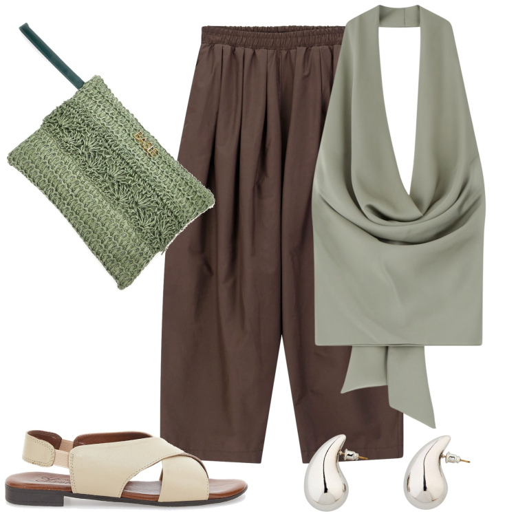 Outfit donna - Agosto con stile. Stile Glamour per Tutti i giorni. Abbinamento con orecchini, top, pantaloni, sandali, pochette.
