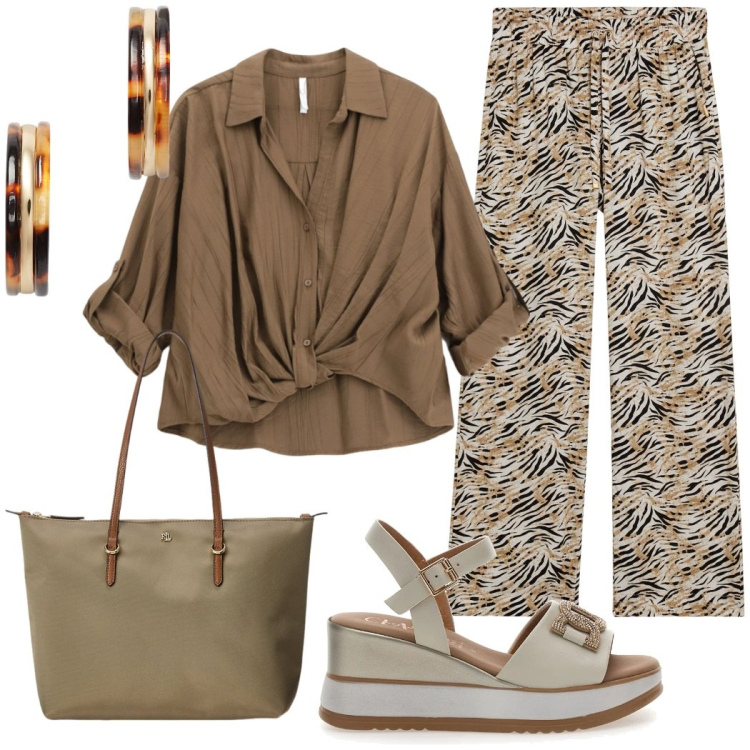 Outfit donna - A lavoro. Stile Casual chic per Ufficio. Abbinamento con camicie, pantaloni, borse tote, orecchini, sandali in pelle.