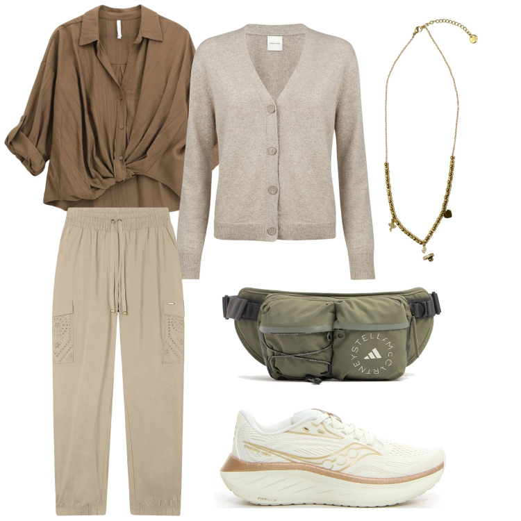 Outfit donna - Passeggiata in montagna. Stile Sporty chic per Sport. Abbinamento con camicie, pantaloni cargo, ciondoli, cardigans, scarpe sportive, marsupi.
