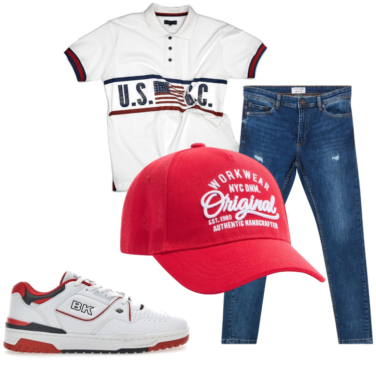 Outfit uomo - Total look #2221413. Stile Casual per Tutti i giorni. Abbinamento con cappelli, jeans strappati, polo, sneakers.