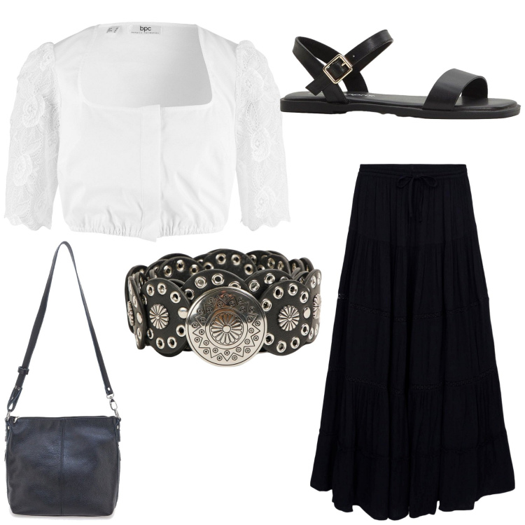 Outfit donna - Boho style. Stile Boho per Tutti i giorni. Abbinamento con camicie, sandali, cinture, gonne lunghe, borse a spalla.