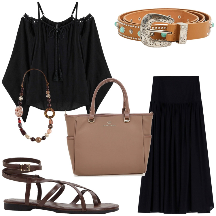 Outfit donna - Stile libero. Stile Boho per Tutti i giorni. Abbinamento con bluse, sandali, cinture, gonne lunghe, borse a tracolla, collane.